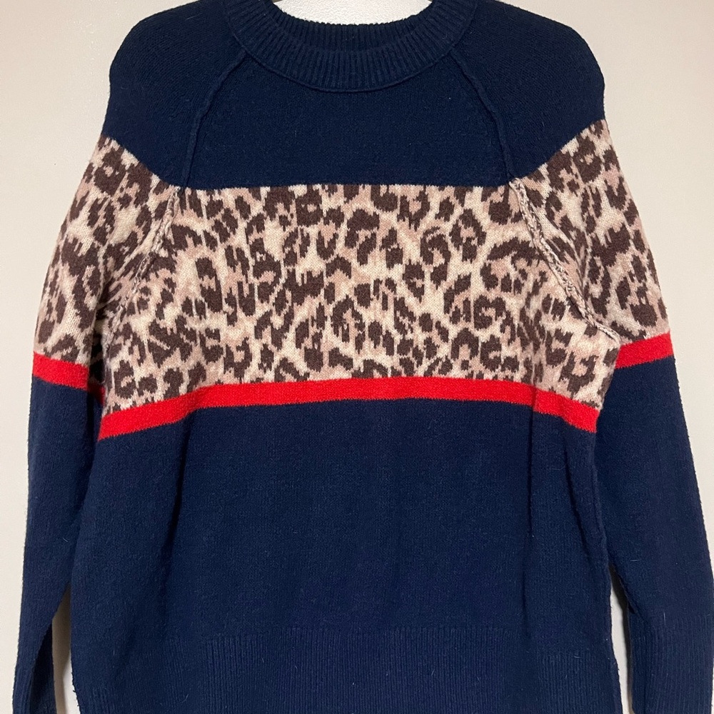 Aerie Navy and Leopard Print Crew Neck Sweater